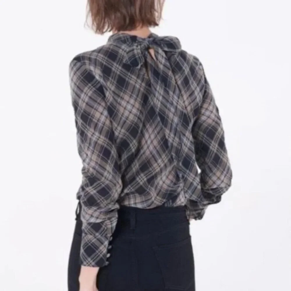 VERONICA BEARD Wade Metallic Plaid Tie-Neck Top Blouse size 6 Preppy Career